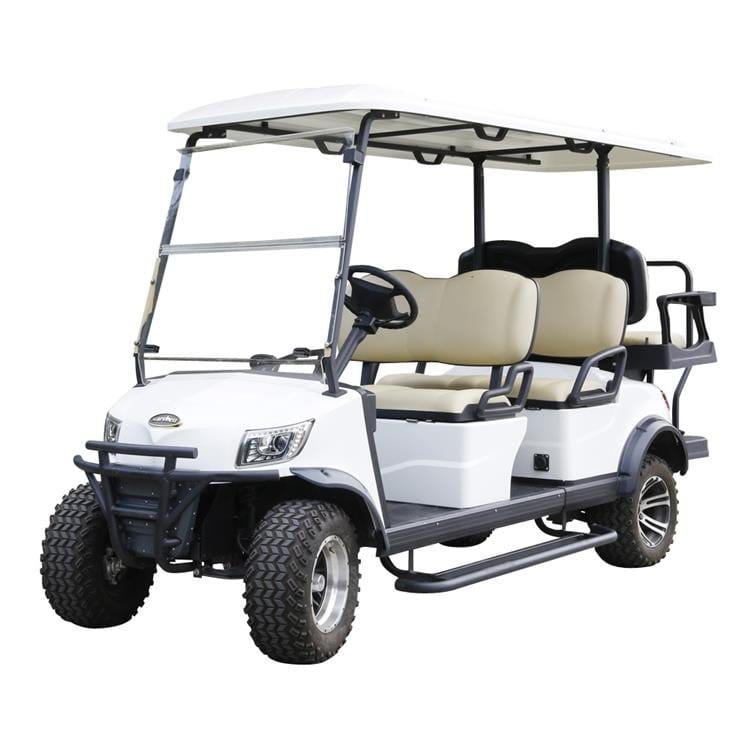 White lifted 6 seater electric golf buggy on all terrain tyres with a rear flip seat