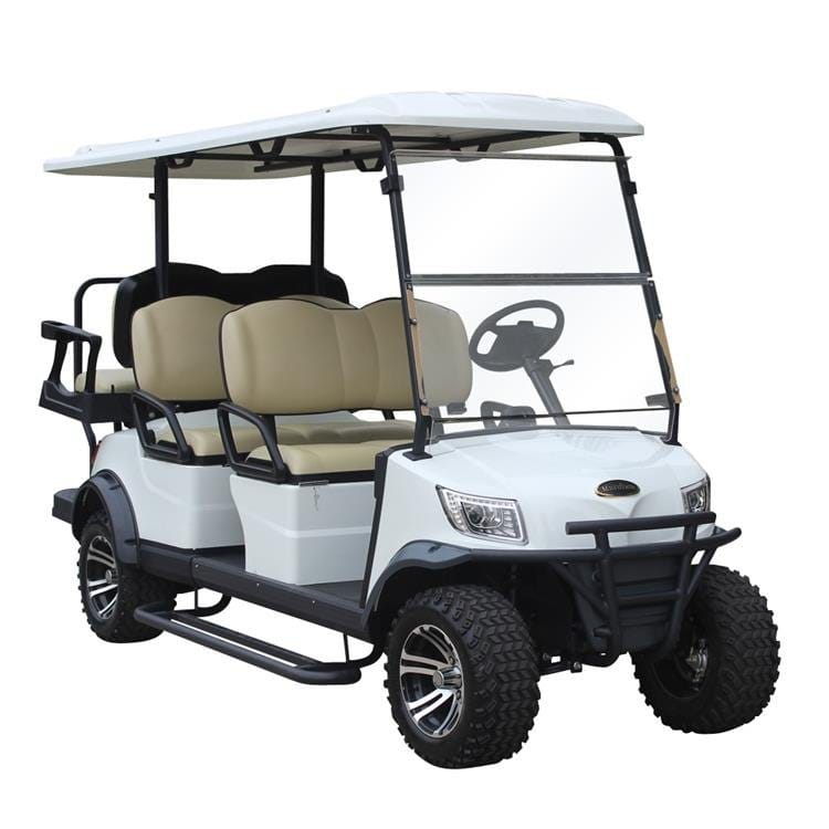Lifted 6 seater electric golf buggy with a rear flip seat