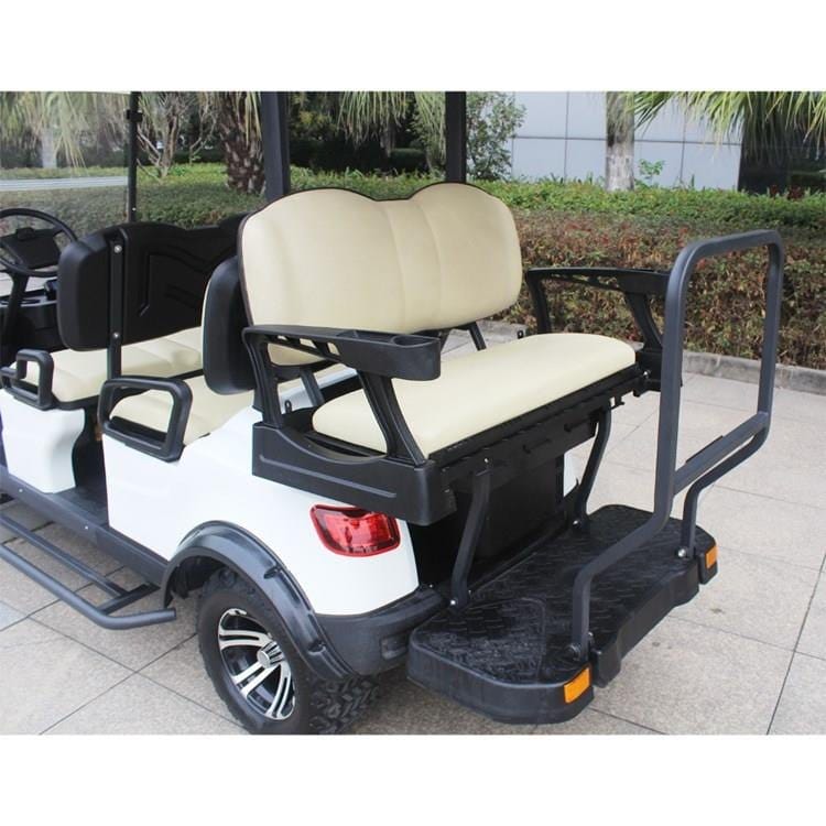 Lifted 6 seater electric golf buggy with a rear flip seat