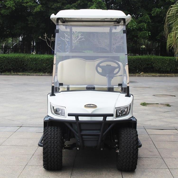 Lifted 6 seater electric golf buggy with a rear flip seat