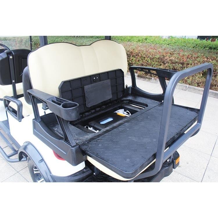 Lifted 6 seater electric golf buggy with a rear flip seat