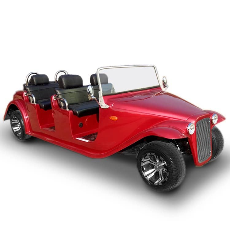 Red 6 seater electric buggy in a 1930s open tourer body, with three rows of seats