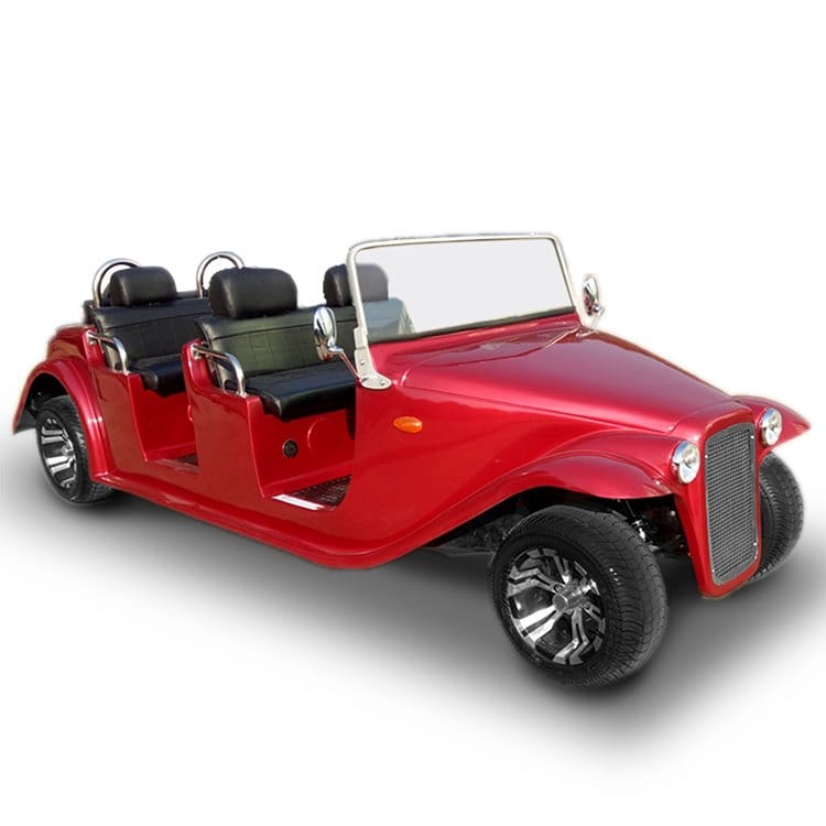 Red 6 seater electric buggy in a 1930s open tourer body, with three rows of seats