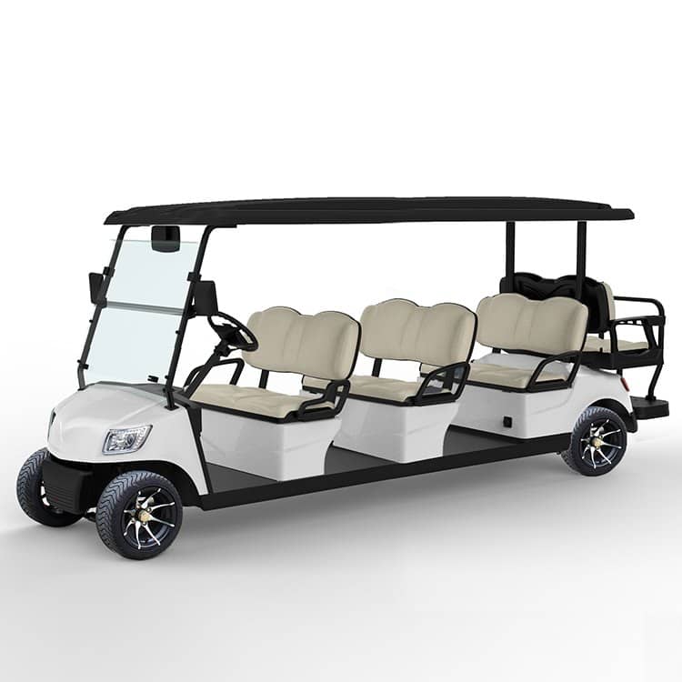 White 8 seater electric golf buggy, three forward benches and a rear flip seat