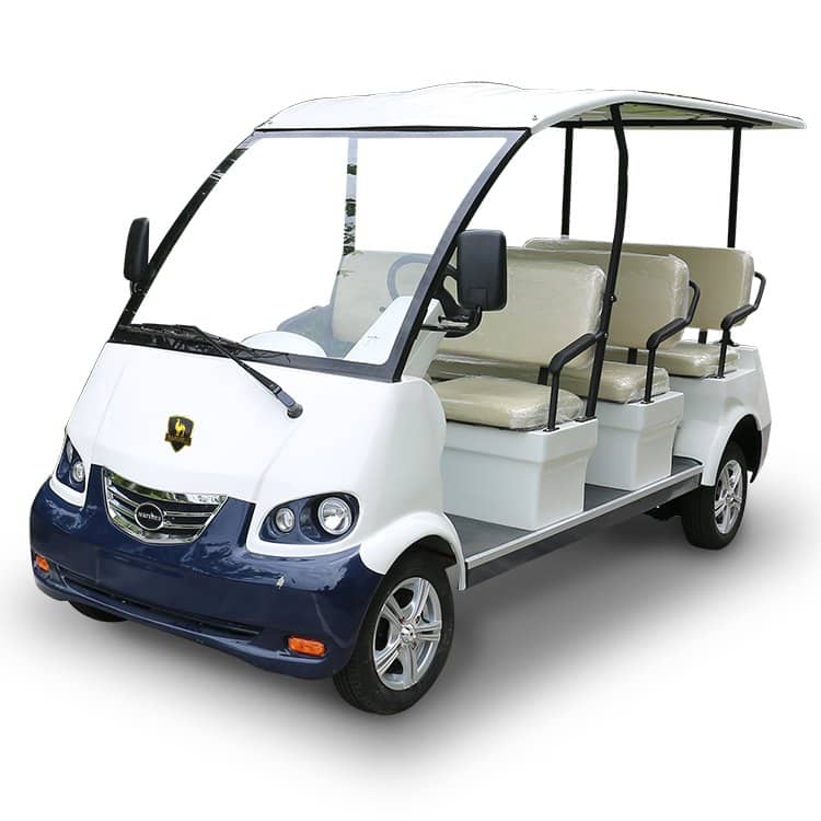 White 8 seat electric sightseeing vehicle with a hard roof over three benches