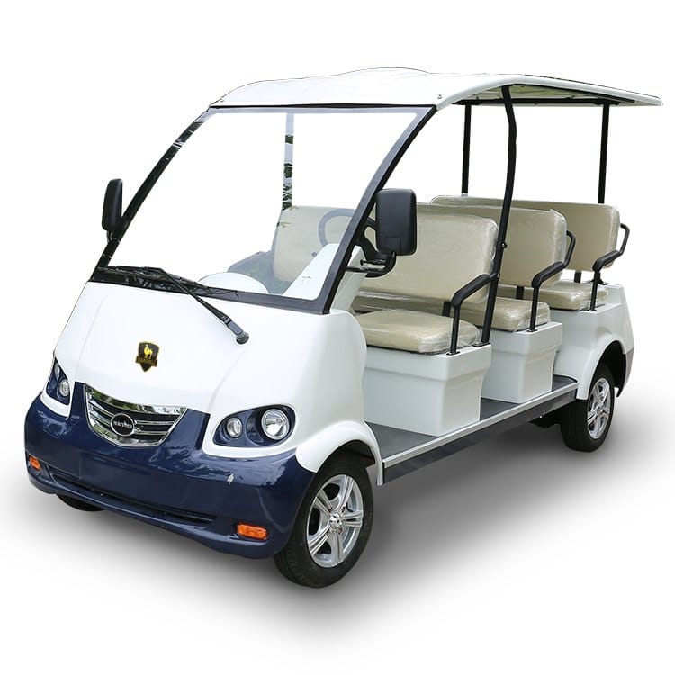 White 8 seat electric sightseeing vehicle with a hard roof over three benches