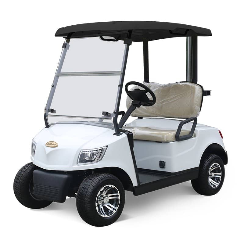 White 2 seater electric golf buggy for sale, front three quarter view with black canopy and folding windscreen