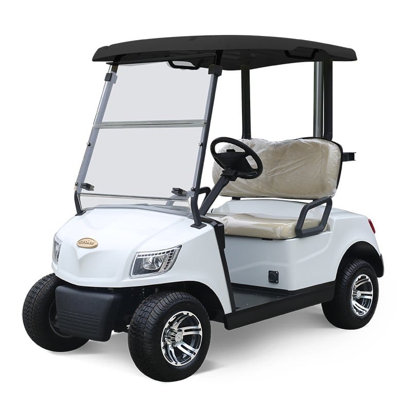White 2 seater electric golf buggy for sale, front three quarter view with black canopy and folding windscreen