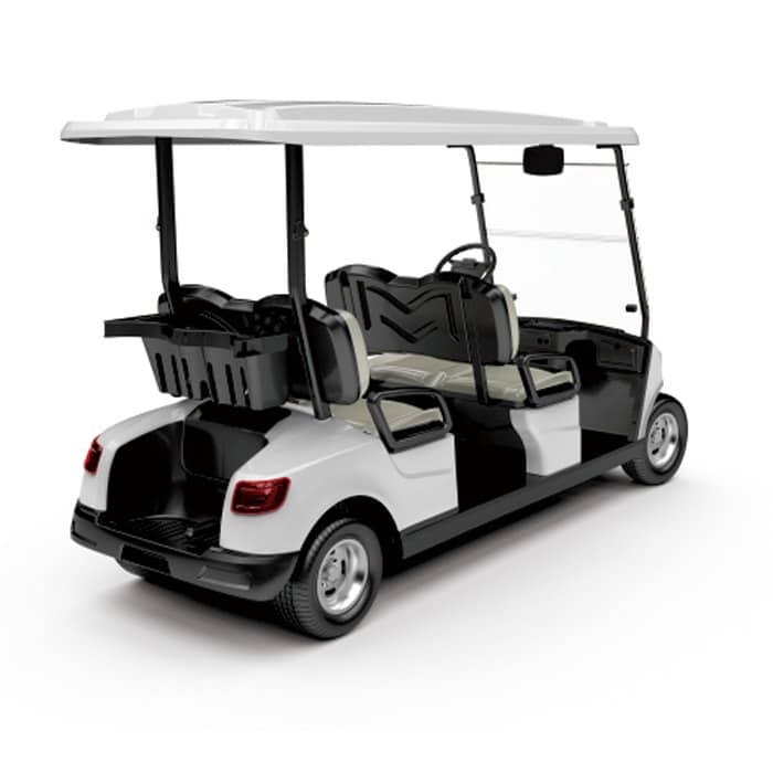 White 4 seater electric golf buggy for sale, rear three quarter view with the back bench and golf bag rack