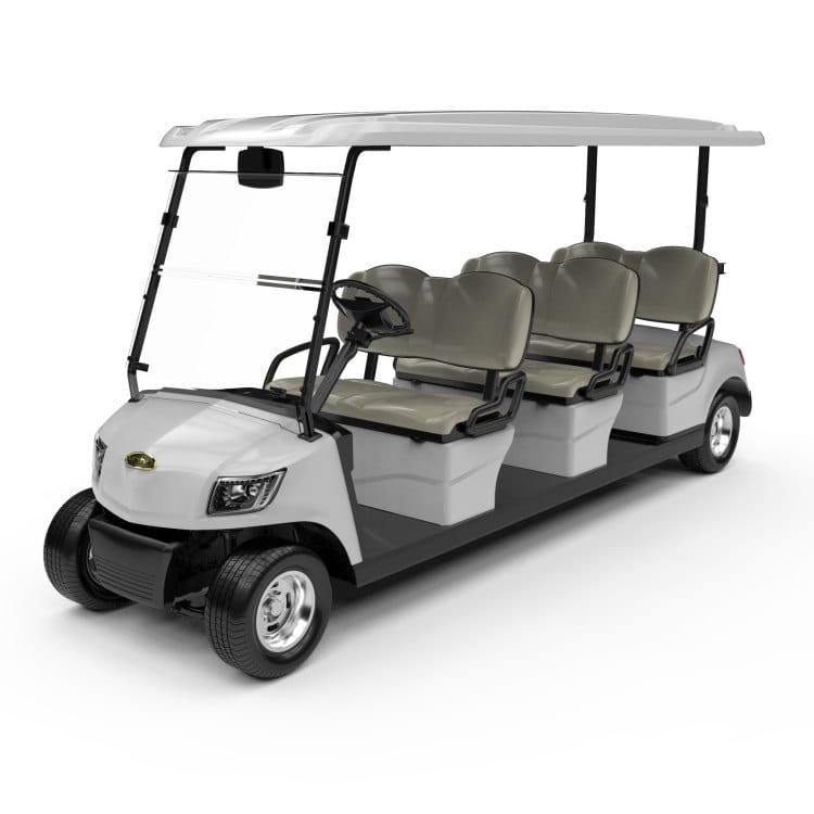 White 6 seater electric golf buggy for sale, front three quarter view with three forward facing benches