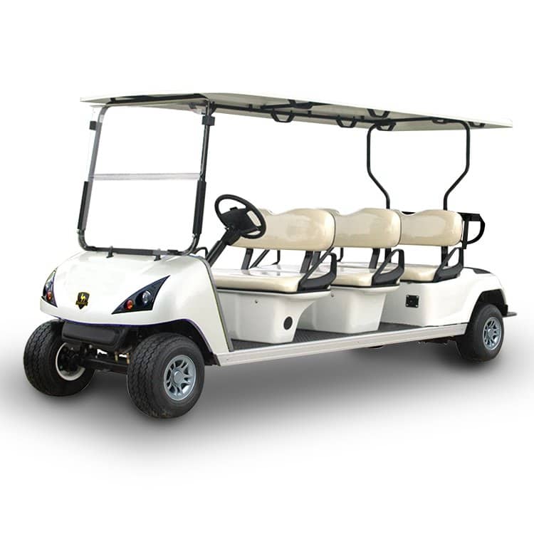White 6 seater electric golf buggy in the classic body style, with cream benches and a long flat canopy