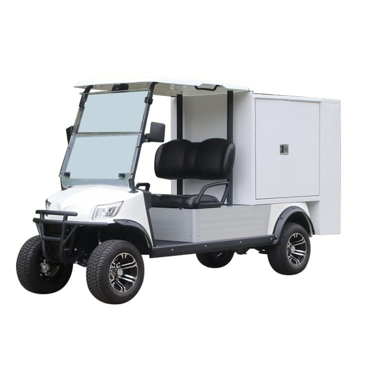 White electric utility vehicle with a tall lockable housekeeping cabinet body