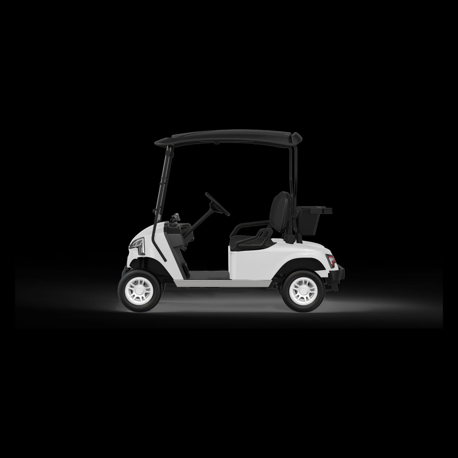 Side view of the white 2 seater electric golf buggy, showing the low chassis and turf tyres