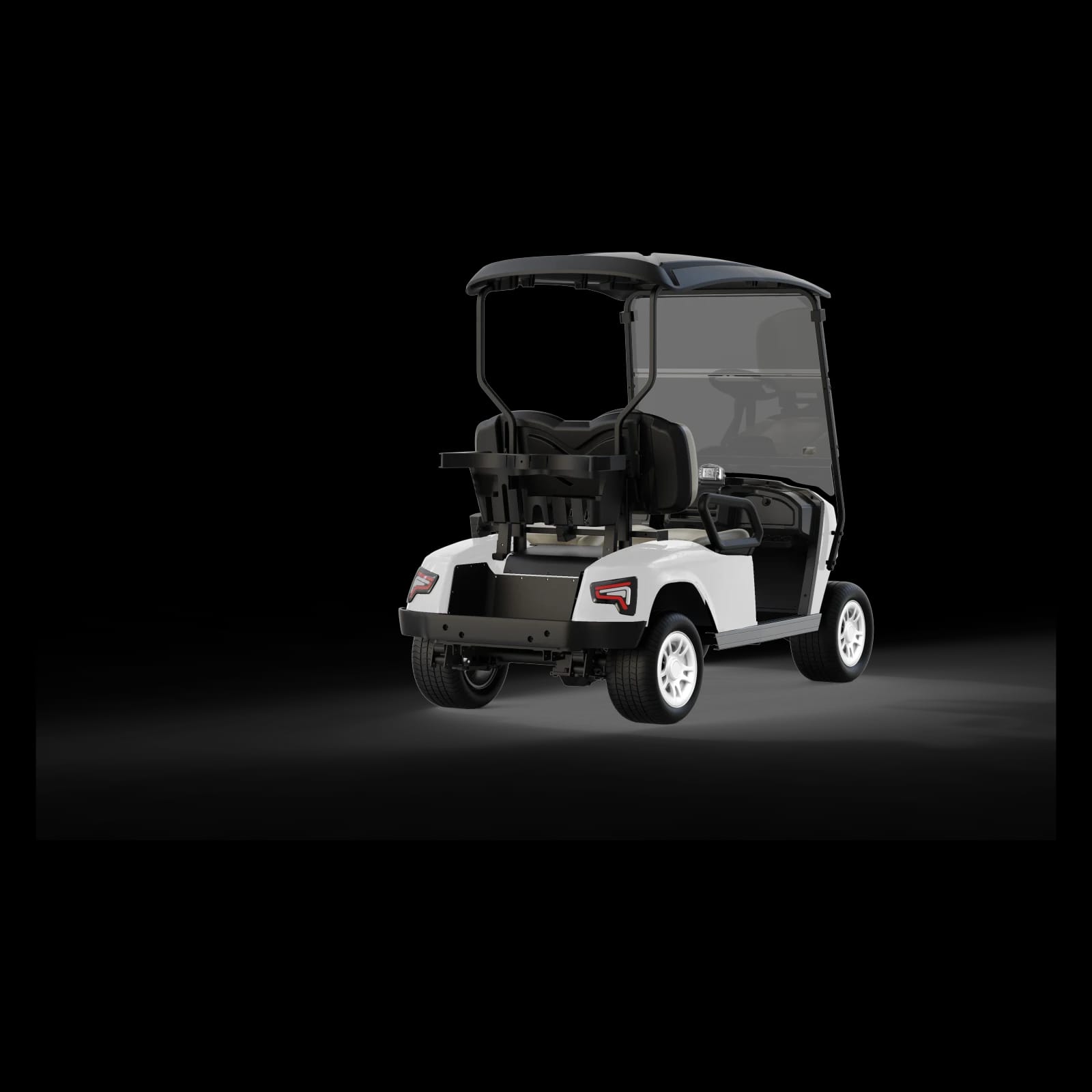 Rear three quarter view of the white 2 seater electric golf buggy