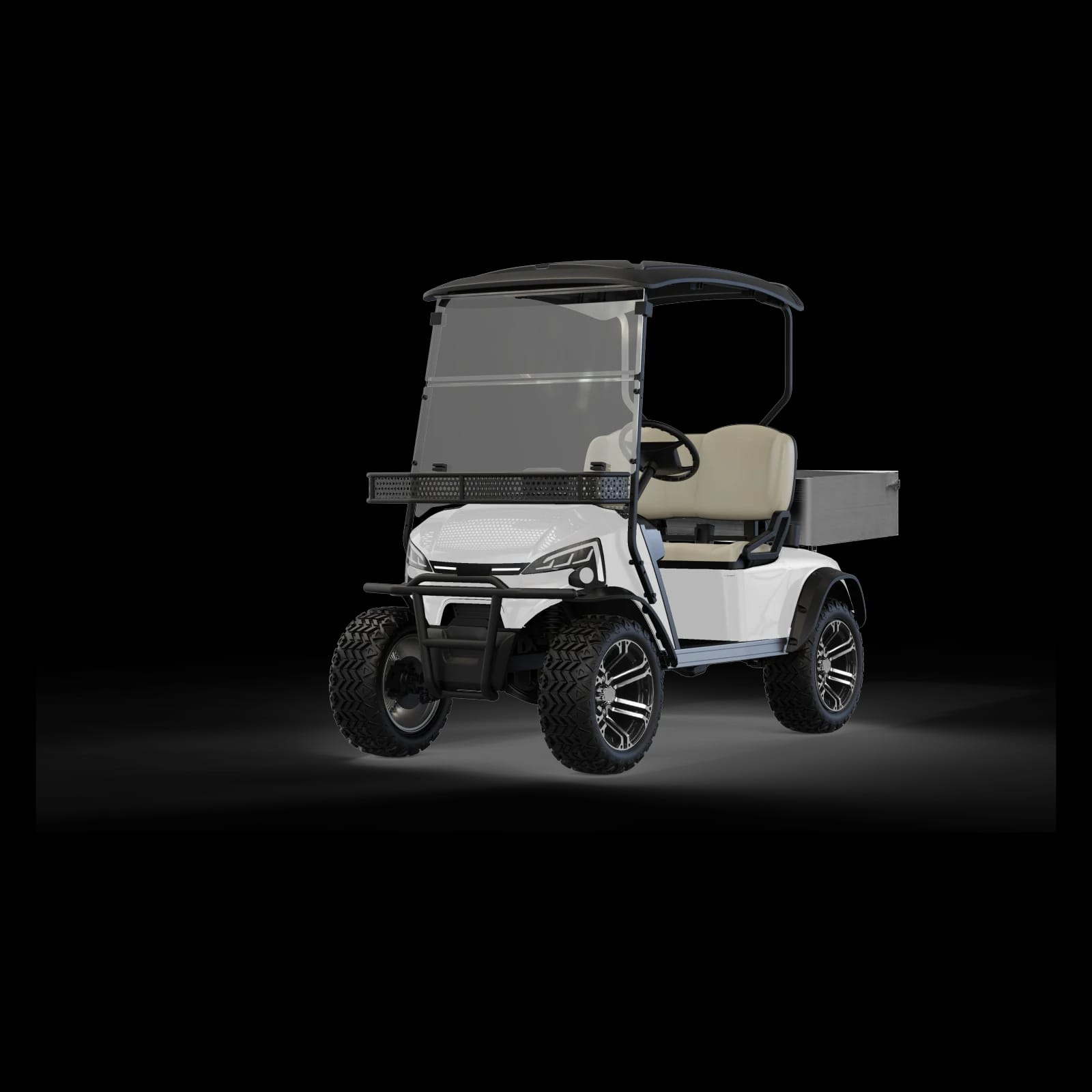 White lifted 2 seater electric buggy with a cargo bed, front three quarter view on all terrain tyres
