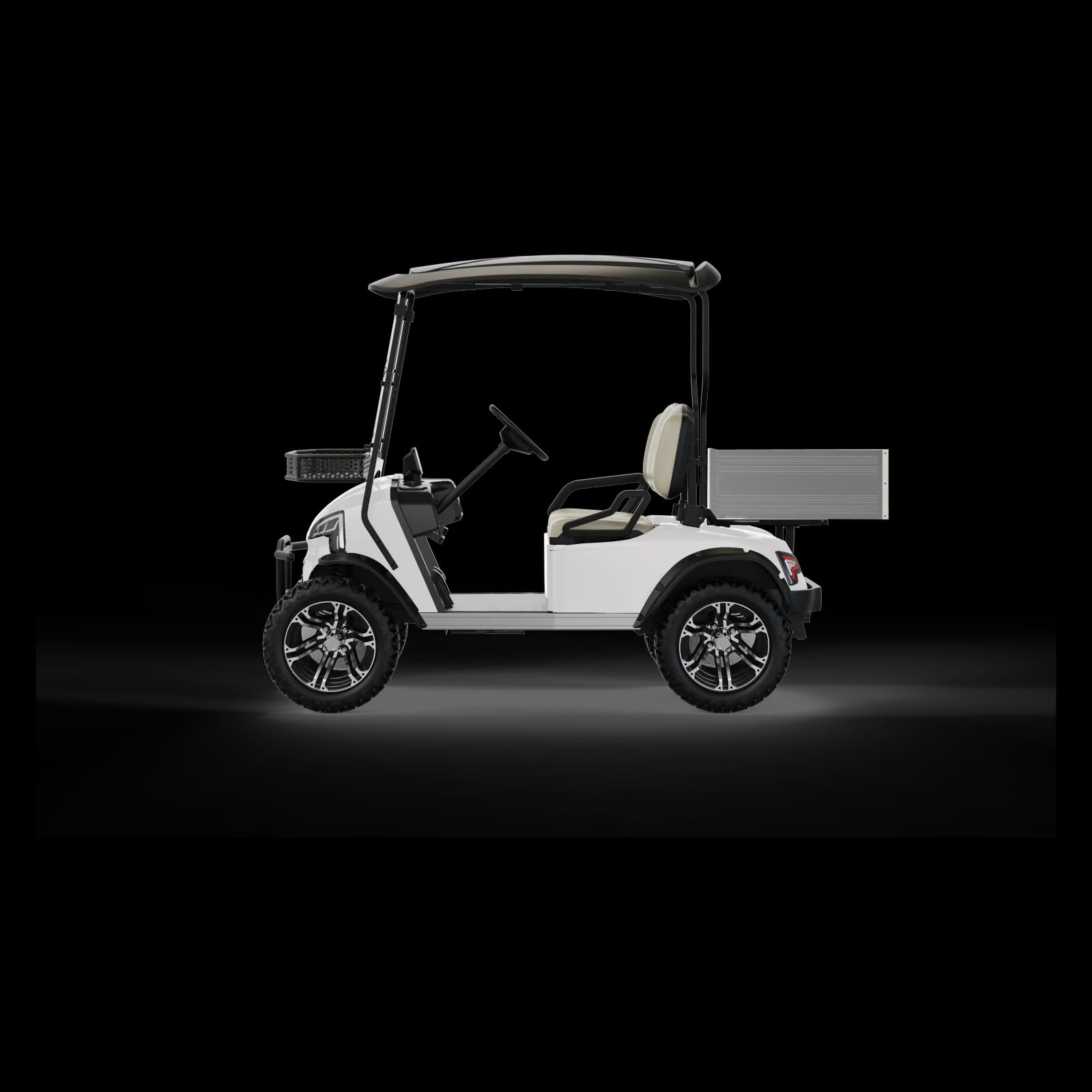 Side view of the lifted 2 seater buggy, showing the raised chassis and the cargo bed behind the bench