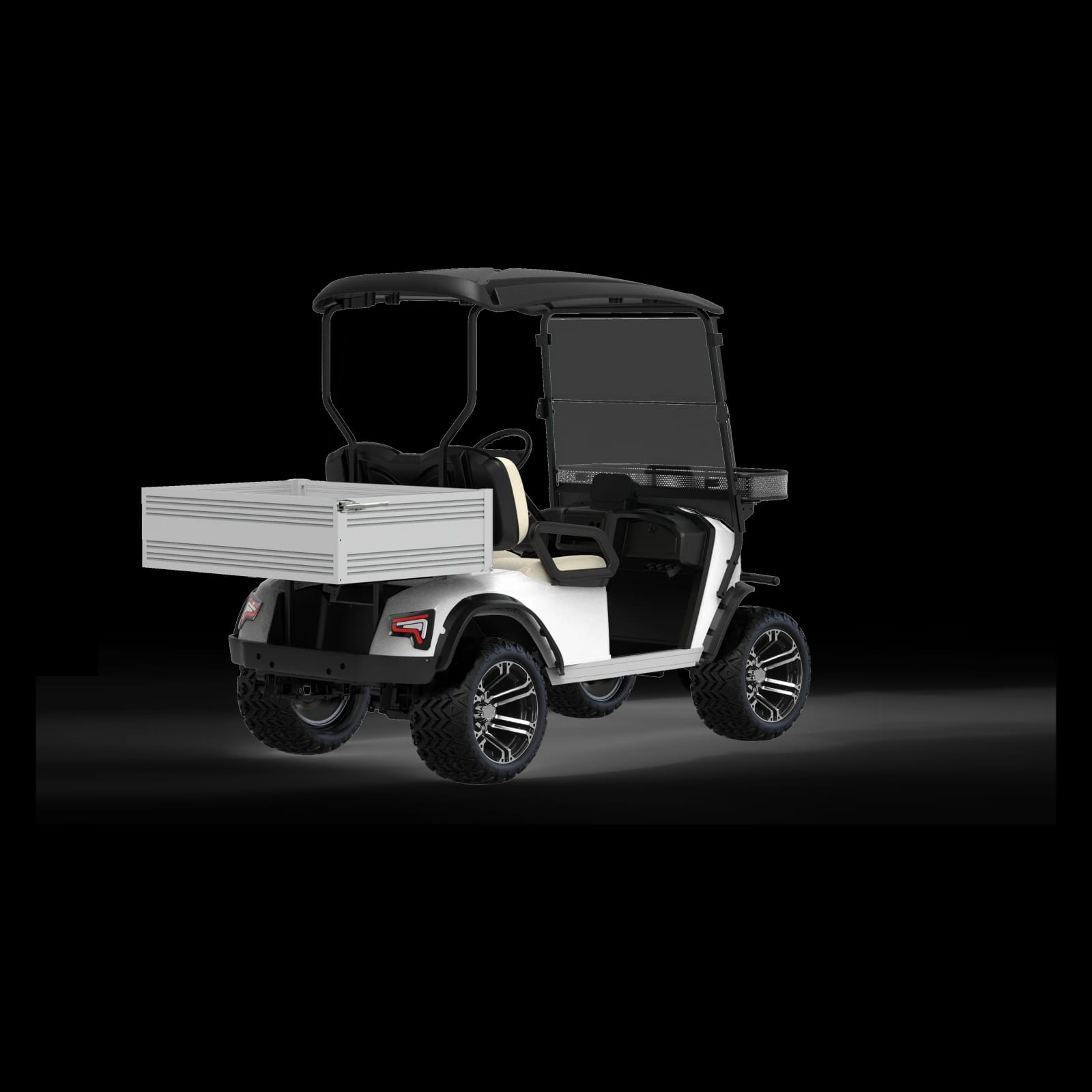 Rear three quarter view of the lifted 2 seater buggy, showing the cargo bed