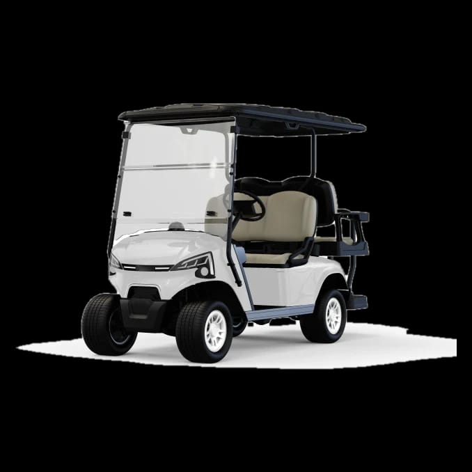 White 4 seater electric golf buggy with a rear flip seat, front three quarter view