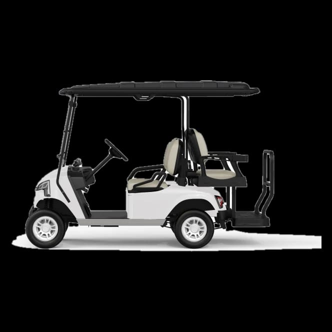 Side view of the white 4 seater golf buggy, showing the rear flip seat behind the front bench