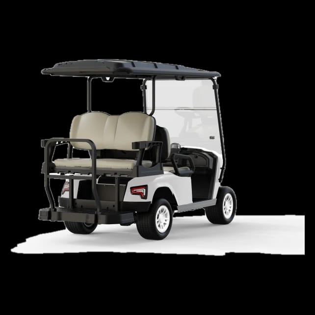 Rear three quarter view of the 4 seater golf buggy, showing the backward facing flip seat