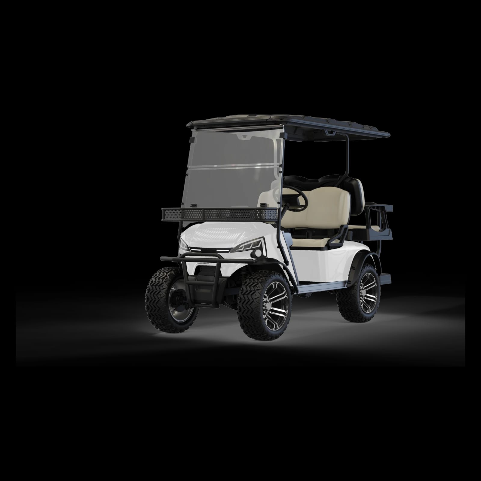 White lifted 4 seater electric buggy with a rear flip seat, front three quarter view on all terrain tyres