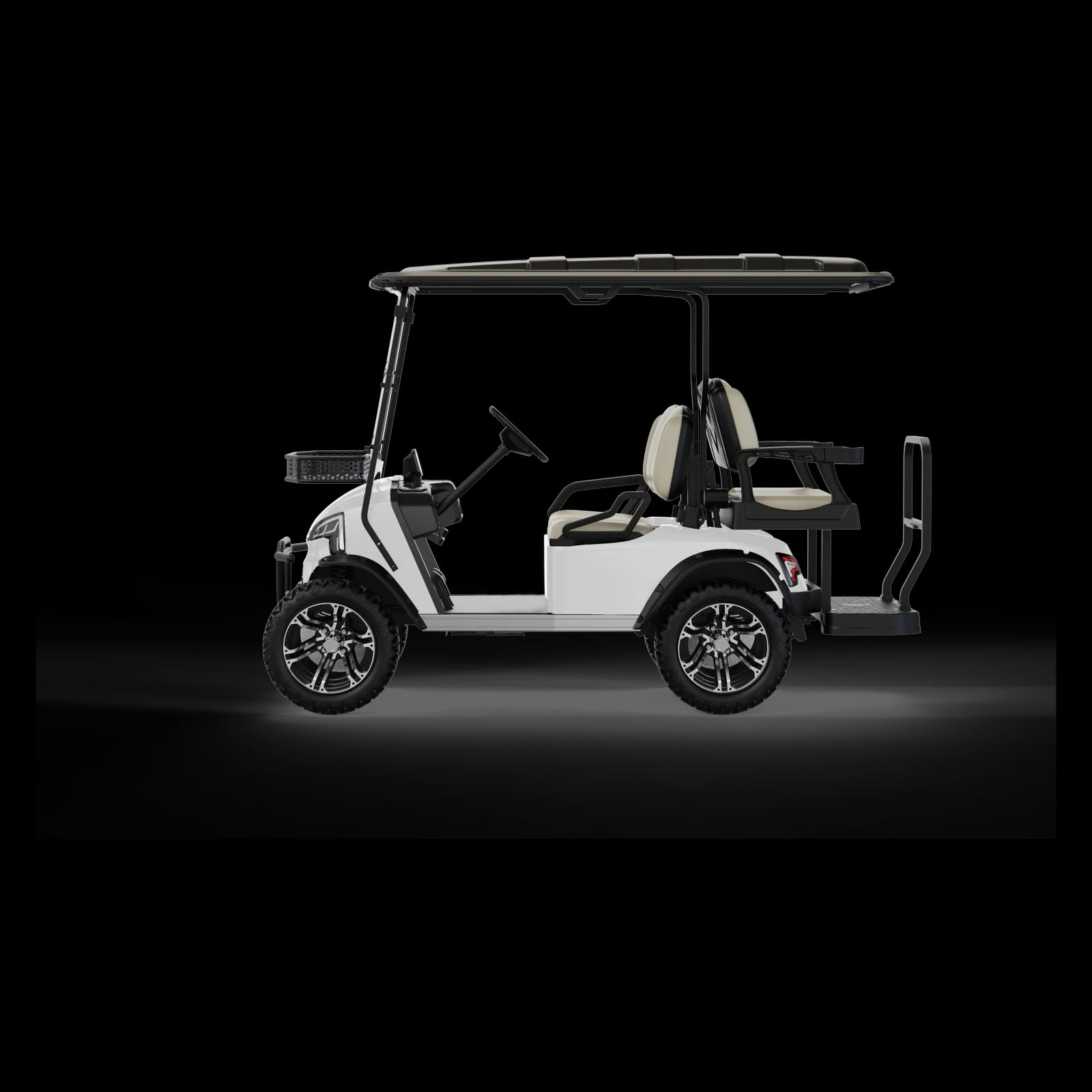 Side view of the lifted 4 seater buggy, showing the raised chassis and the rear flip seat