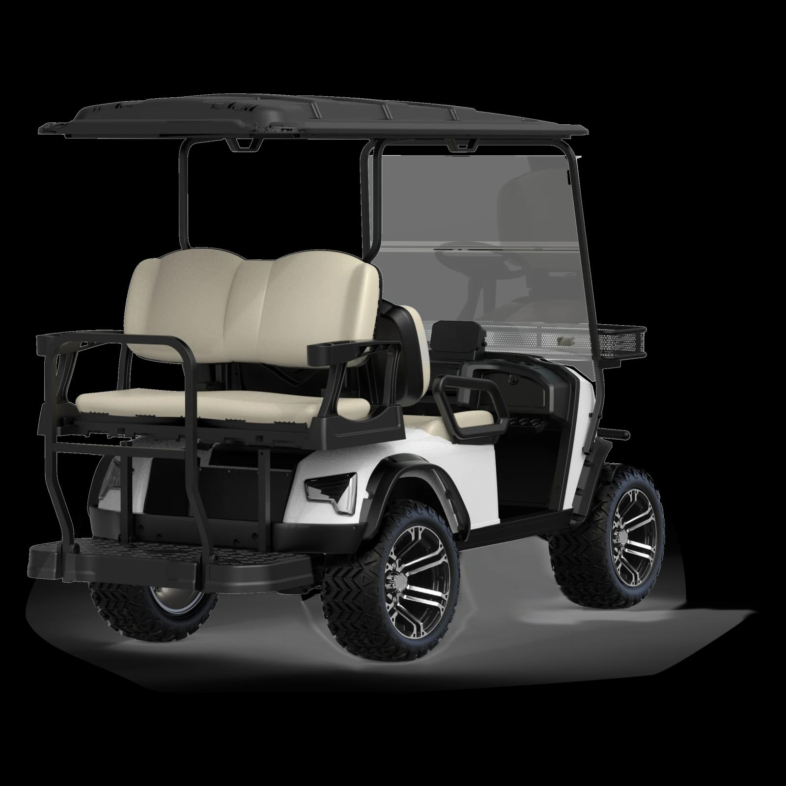 Three quarter view of the lifted 4 seater buggy from behind, showing the backward facing flip seat
