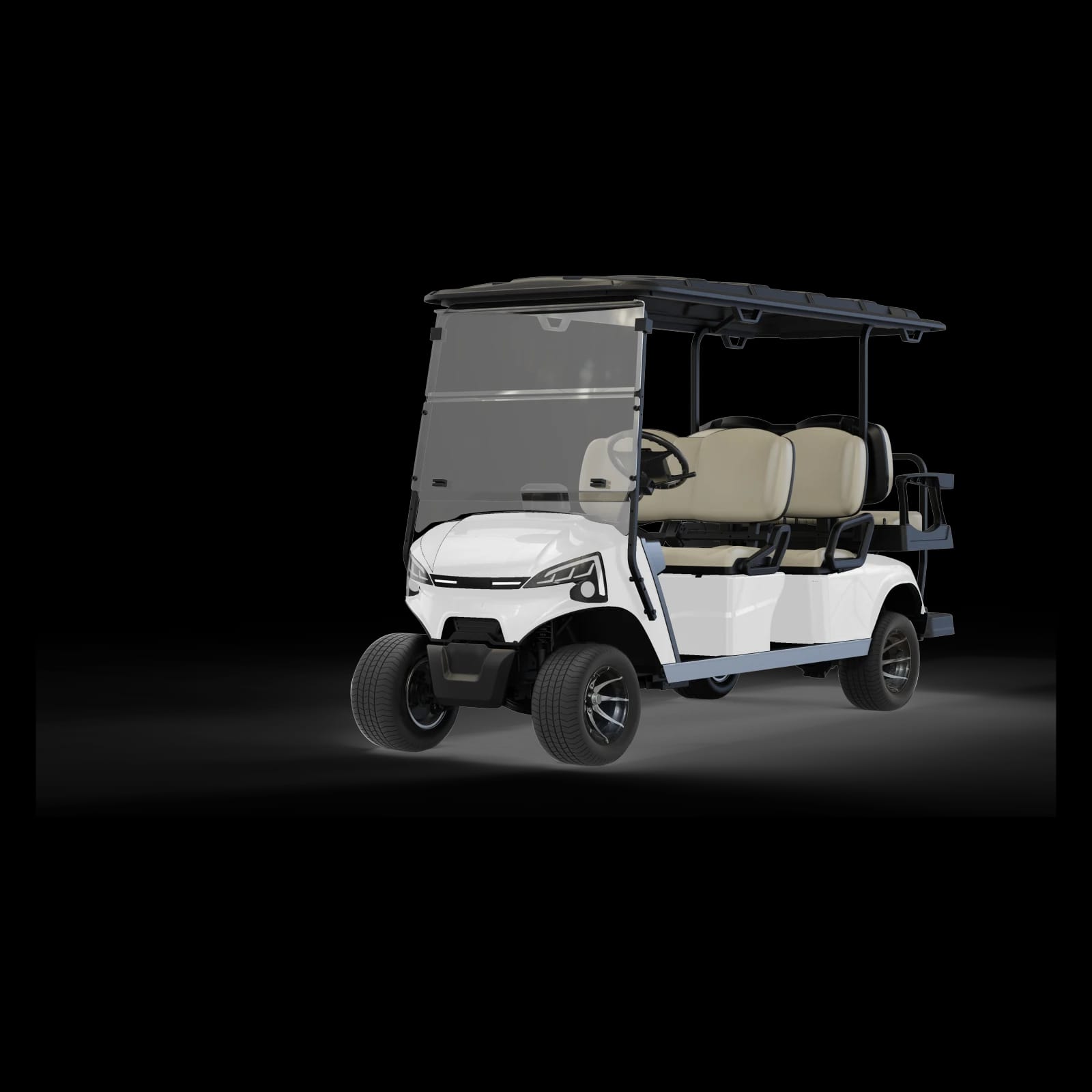 White 6 seater electric golf buggy with a rear flip seat, front three quarter view