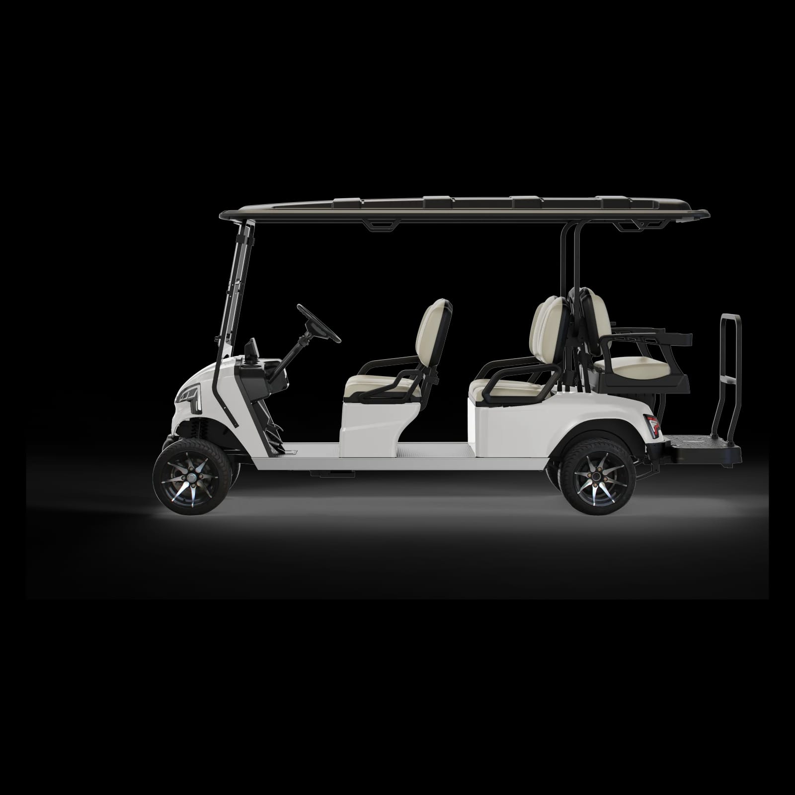 Side view of the 6 seater golf buggy, showing two forward benches and the rear flip seat