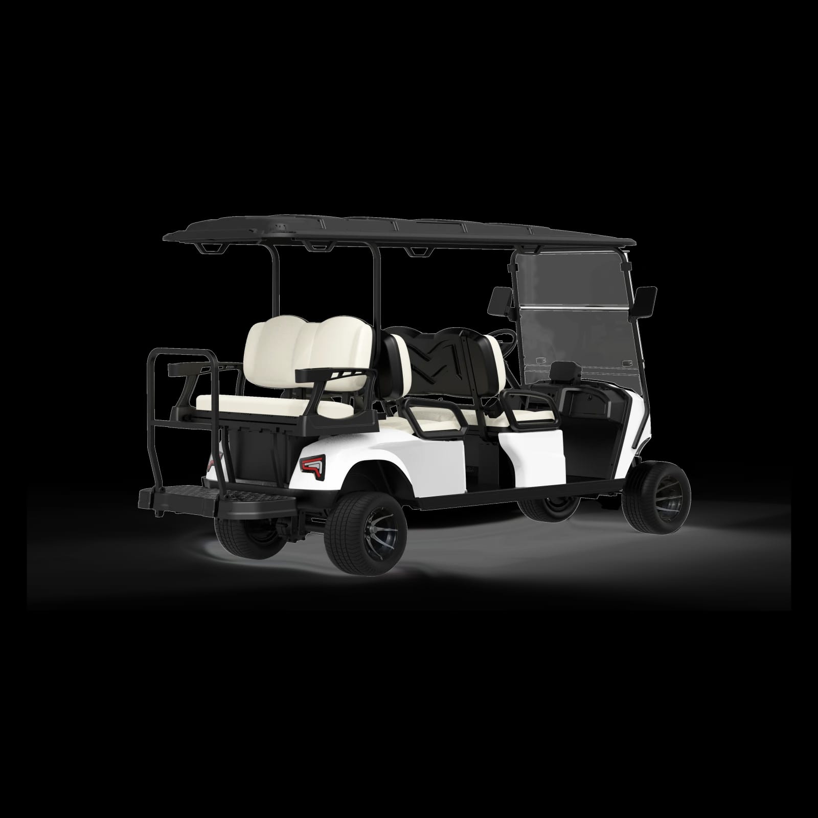 Rear three quarter view of the 6 seater golf buggy, showing the backward facing flip seat