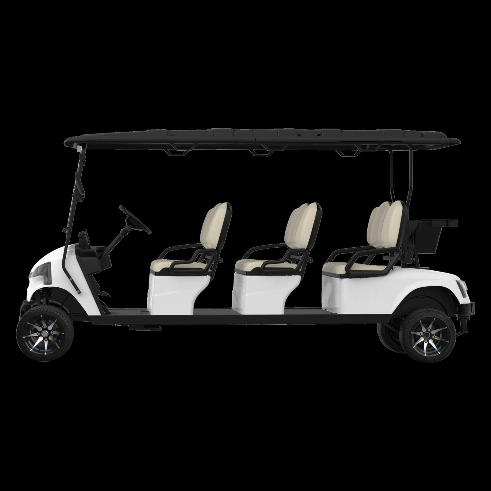 Side view of the white 6 seater electric golf buggy, showing three forward facing benches