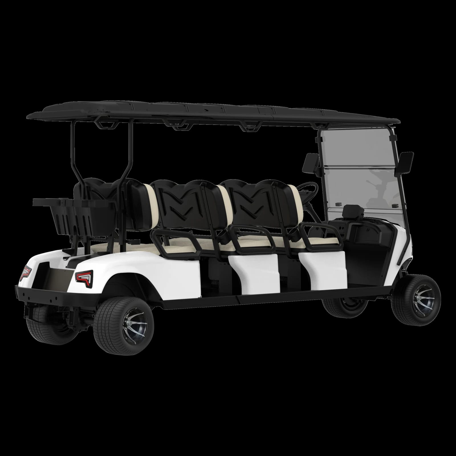 Three quarter view of the white 6 seater electric golf buggy from behind