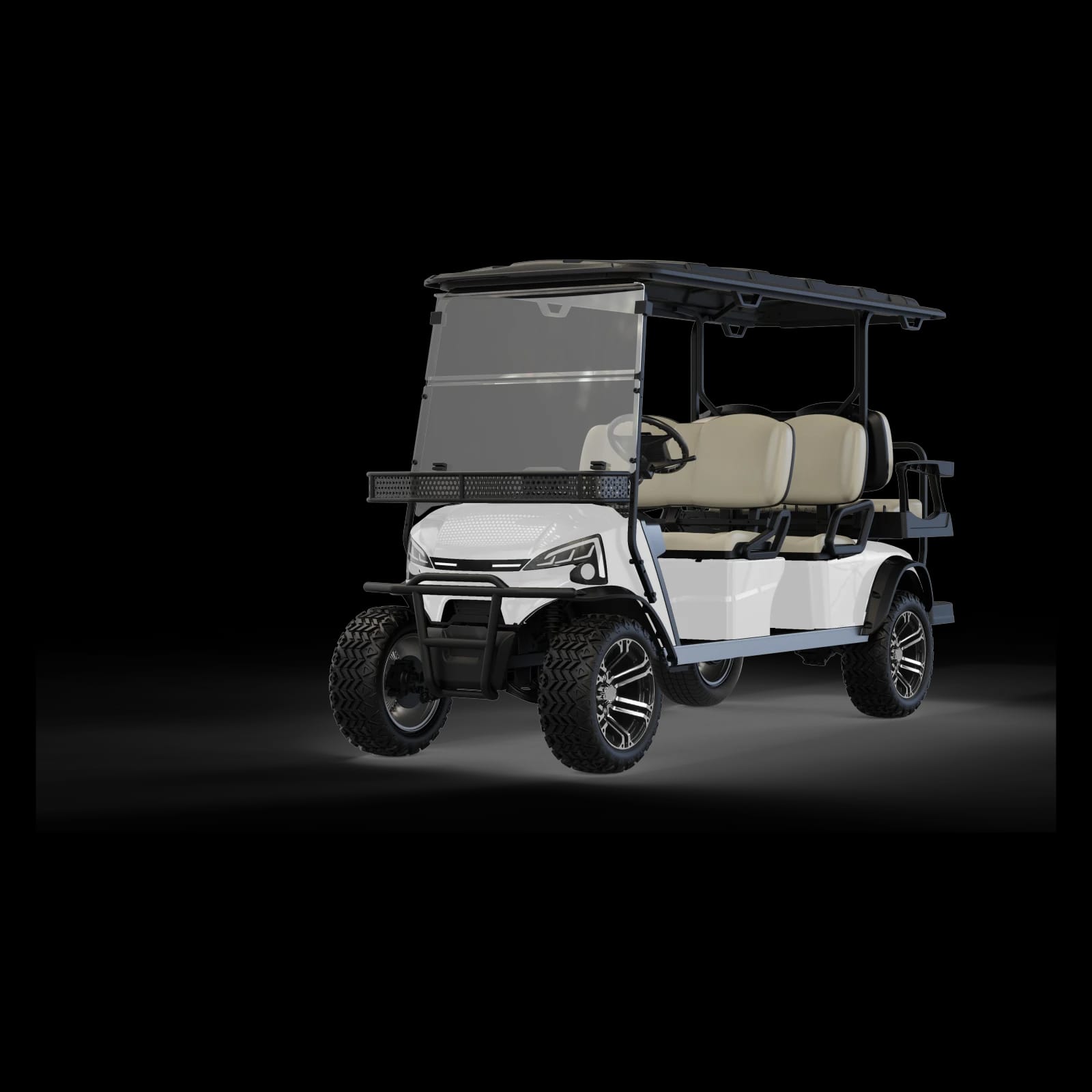 White lifted 6 seater electric buggy with a rear flip seat, front three quarter view on all terrain tyres