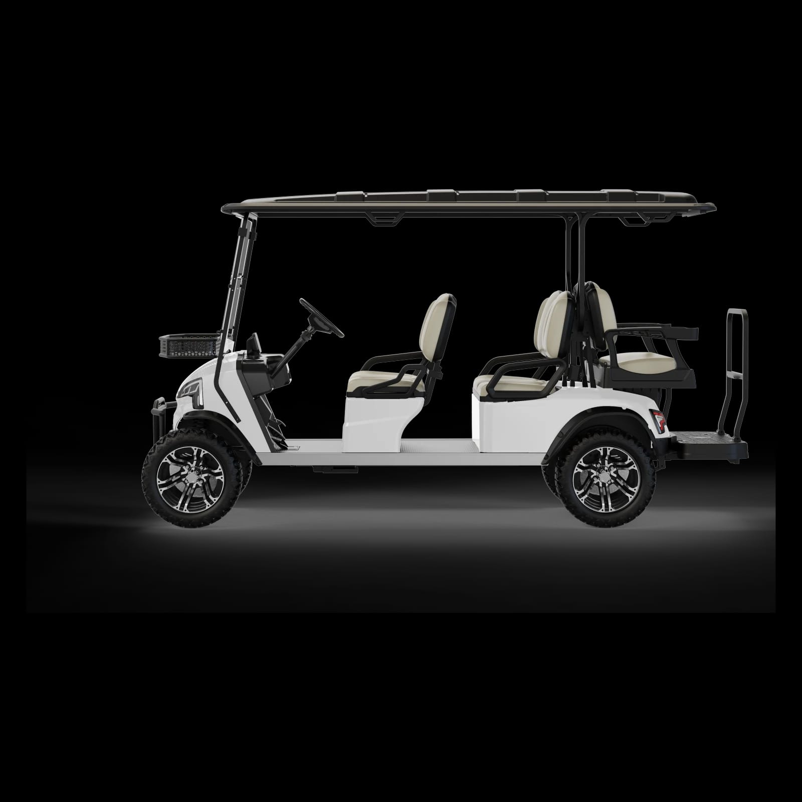 Side view of the lifted 6 seater buggy, showing two forward benches and the rear flip seat