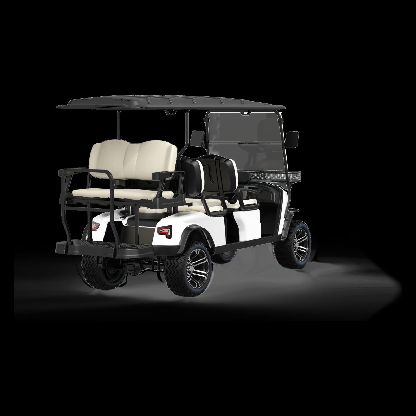 Rear three quarter view of the lifted 6 seater buggy on all terrain tyres