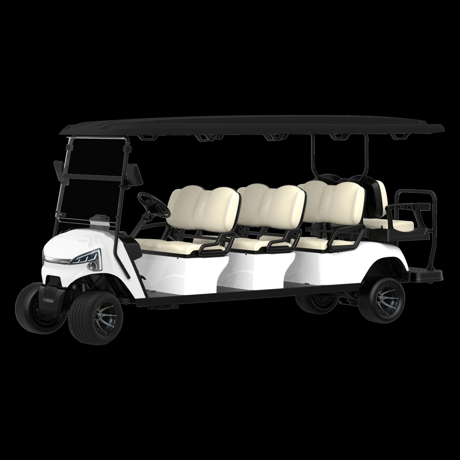 White 8 seater electric golf buggy with a rear flip seat, showing three forward benches and the rear pair