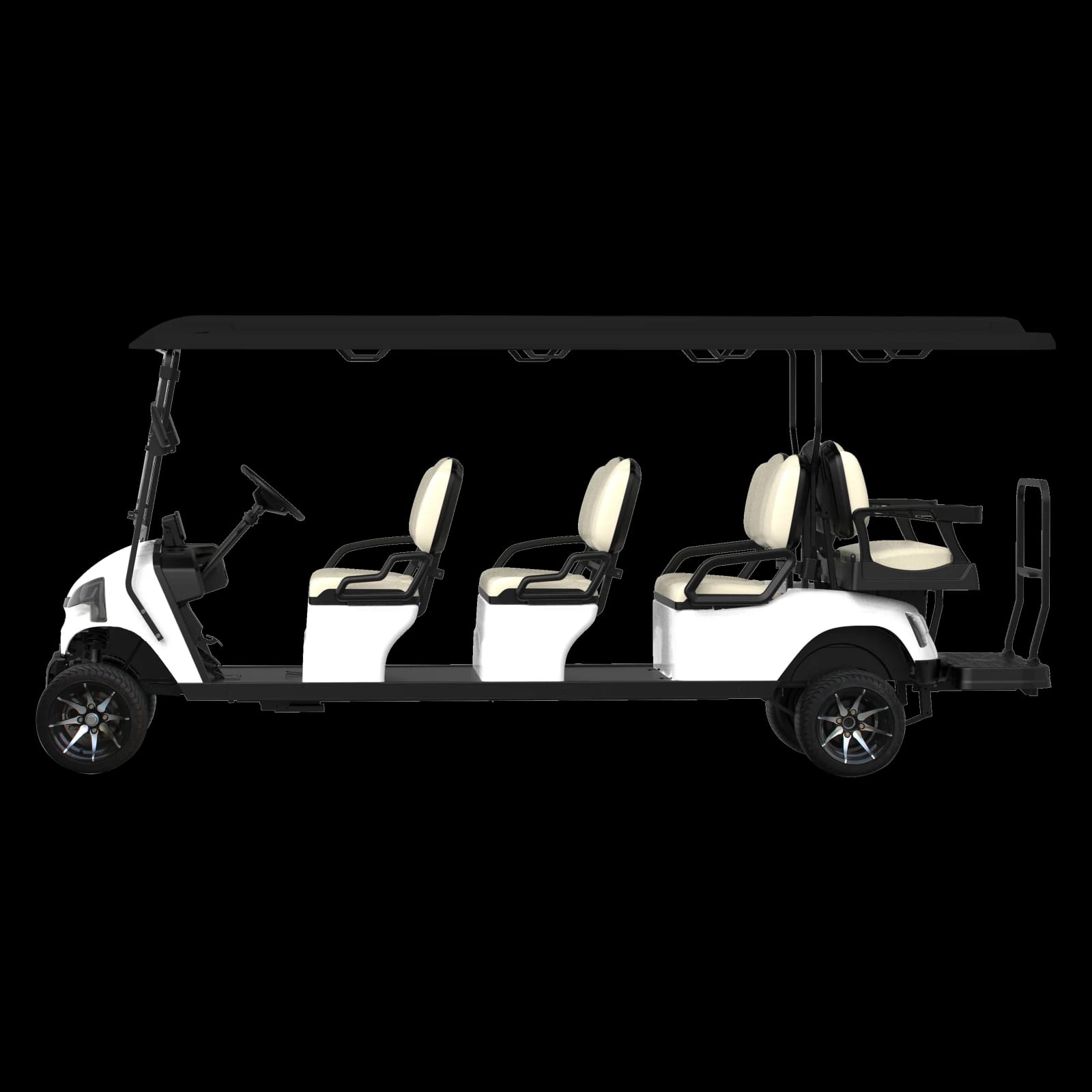 Side view of the white 8 seater electric golf buggy along its full length