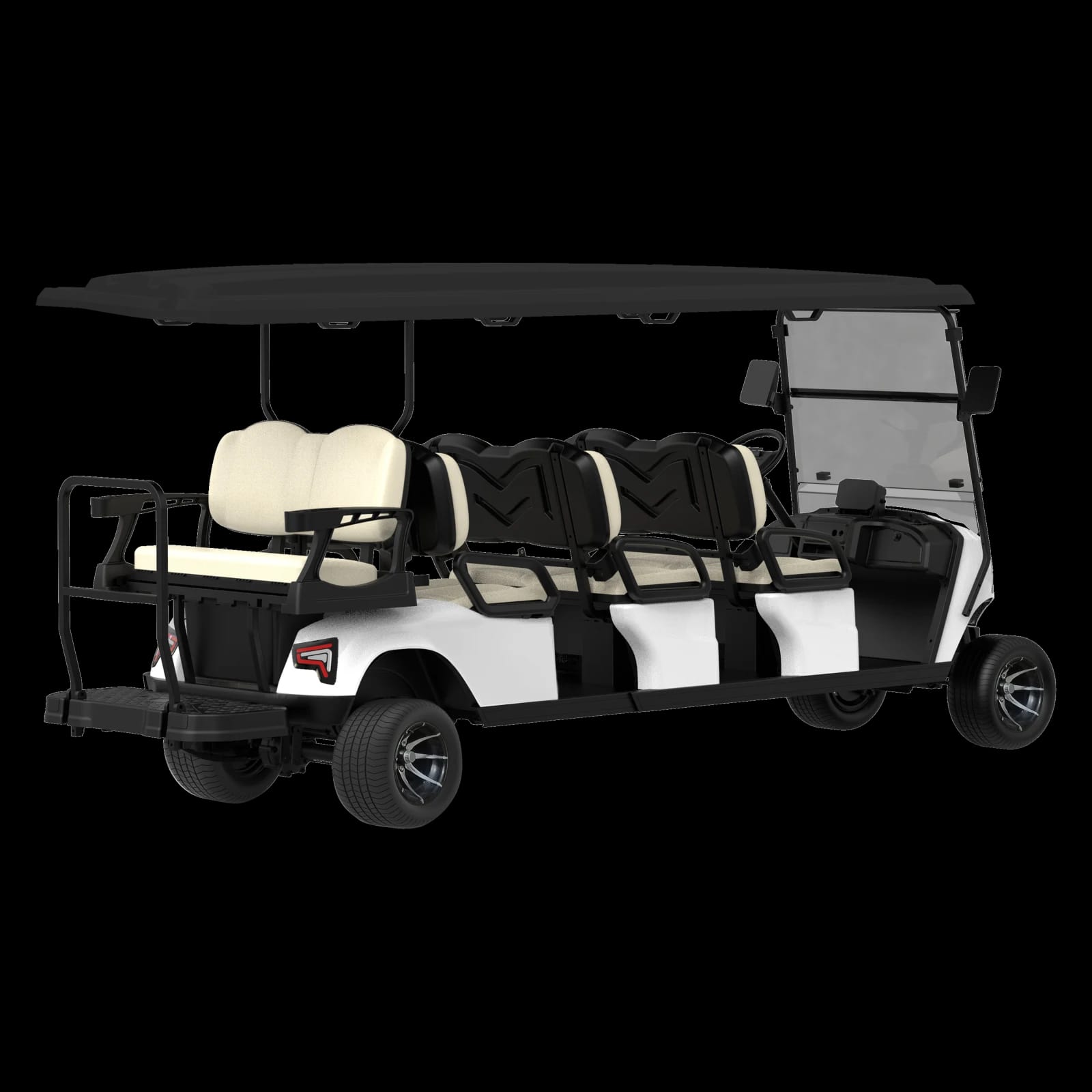 Three quarter view of the 8 seater golf buggy from behind, showing the backward facing flip seat