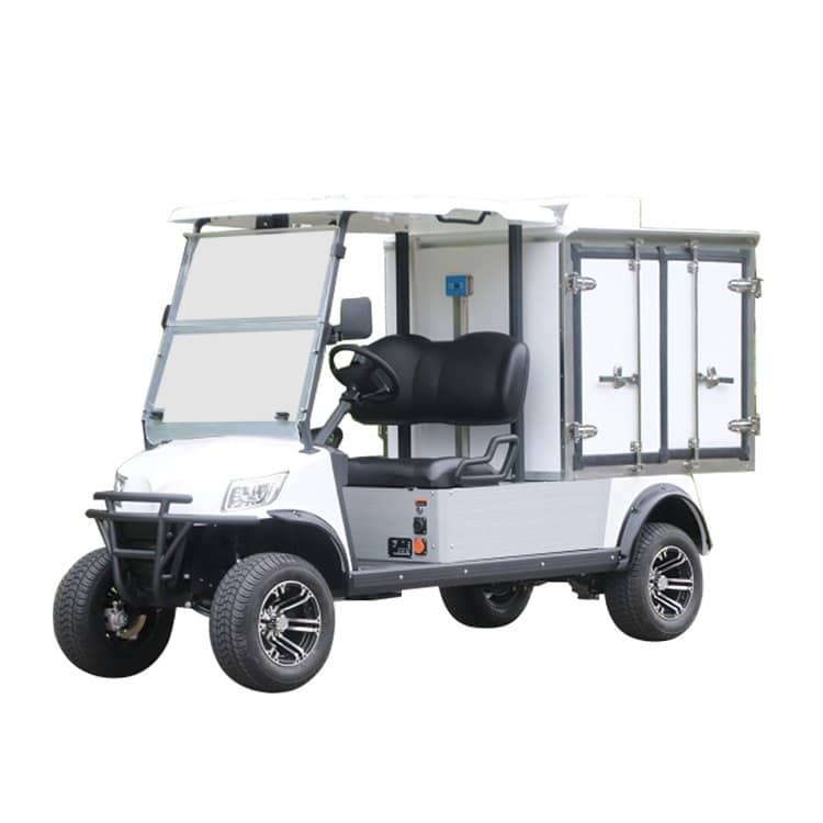White electric utility vehicle with an insulated refrigerated box body and twin rear doors