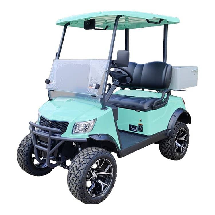 Mint green lifted 2 seater electric golf buggy for sale, with off road tyres, front bar and aluminium cargo box