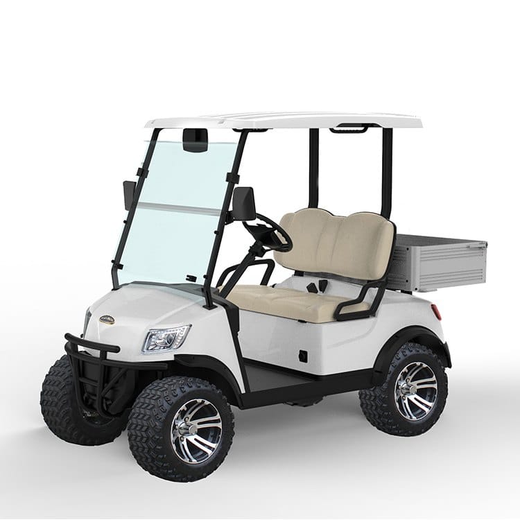 The same lifted 2 seater golf buggy in white with a drop side cargo bed, one of the finishes the range is built in