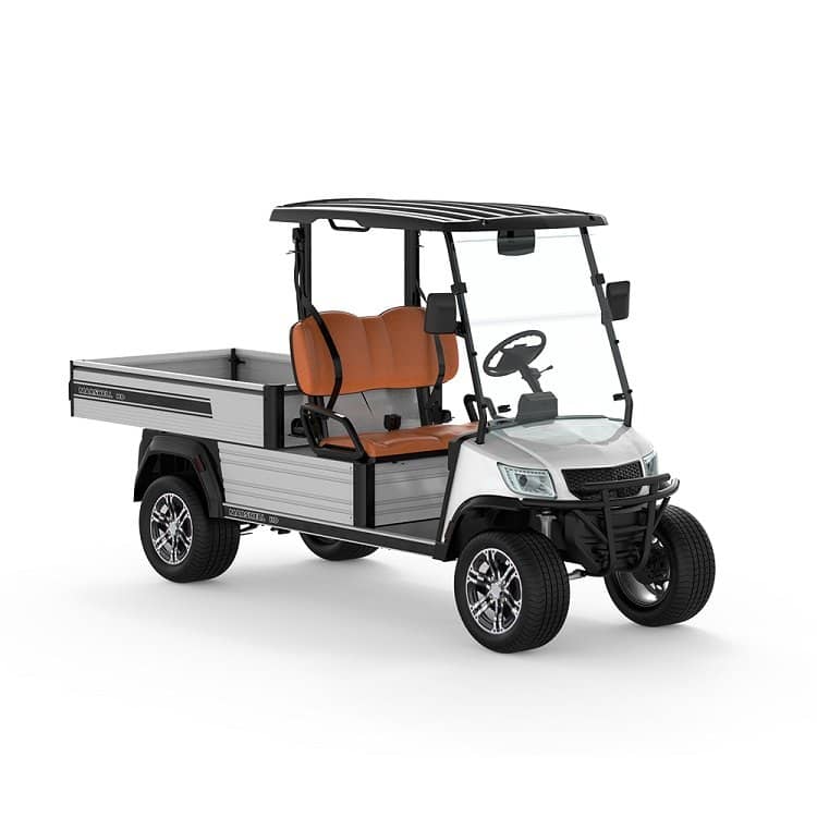 White electric utility vehicle with a long aluminium drop side tipping bed