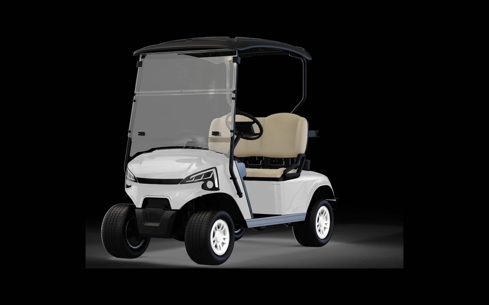 White 2 seater electric golf buggy for sale, front three quarter view with a black canopy, folding windscreen and cream bench