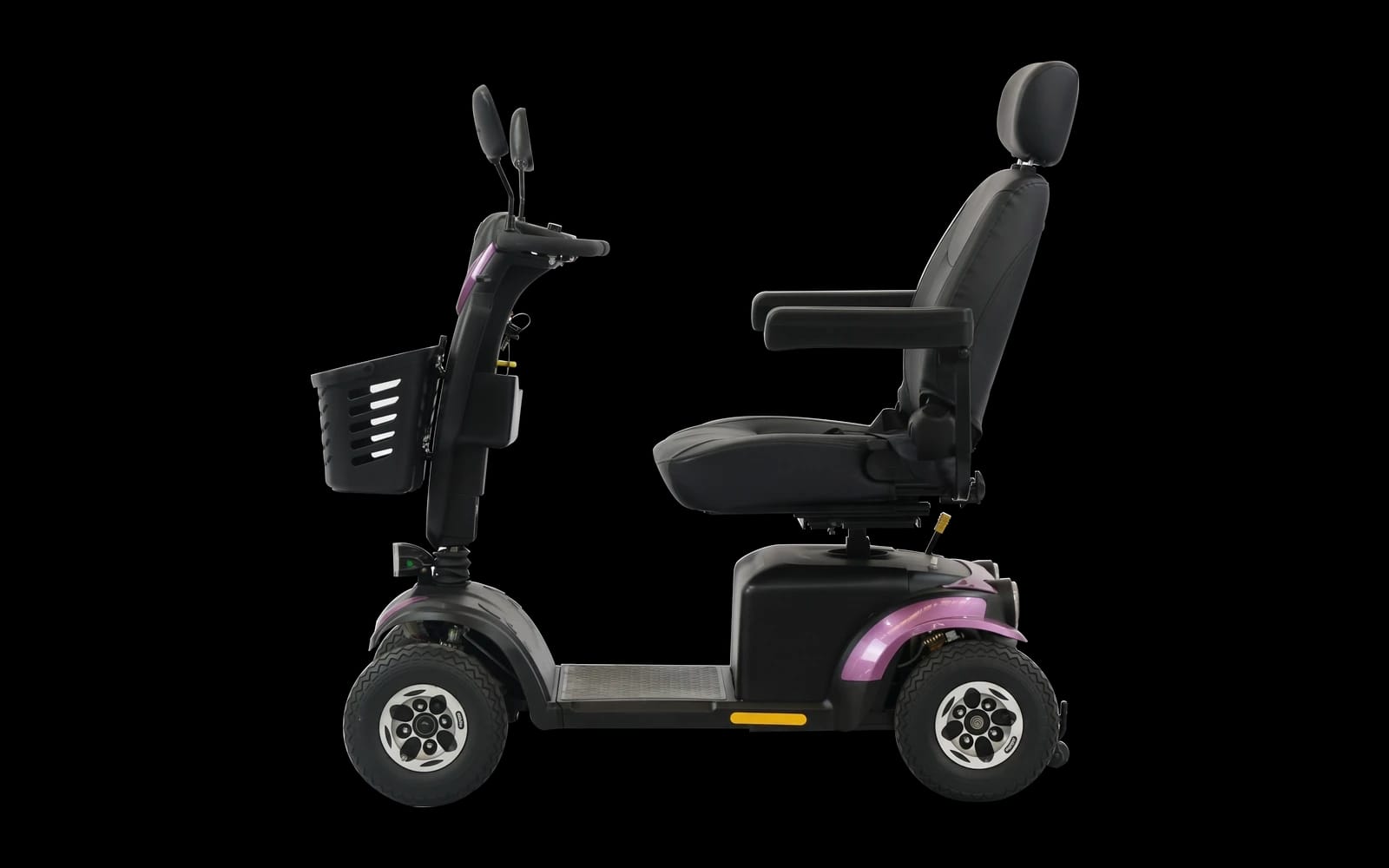 Four wheel mobility scooter, side view showing the captain seat, armrests and suspension