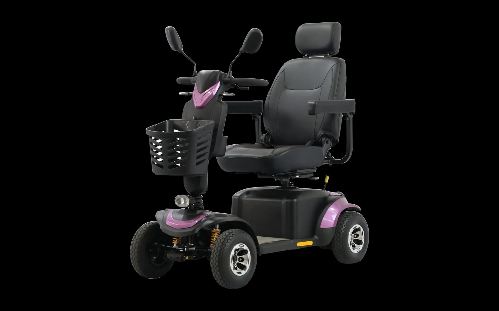 Four wheel mobility scooter, further view of the seat, tiller and lighting