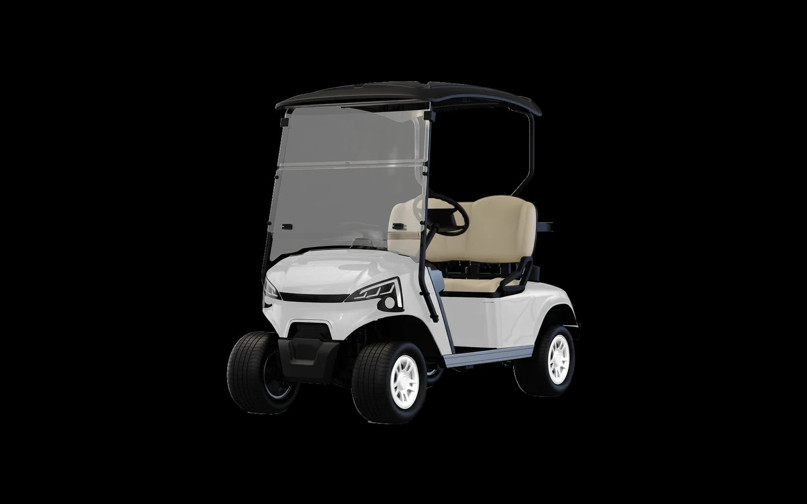 White 2 seater electric golf buggy for sale, front three quarter view with a black canopy, folding windscreen and cream bench