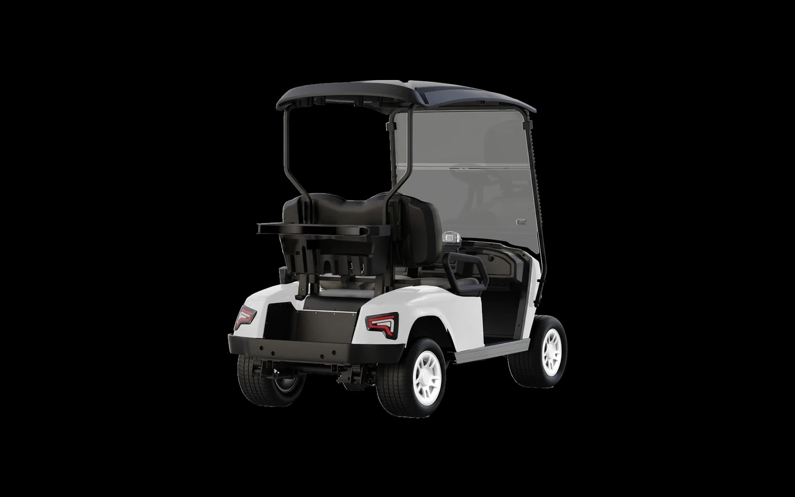 White 2 seater electric golf buggy, rear three quarter view showing the bag rack behind the bench