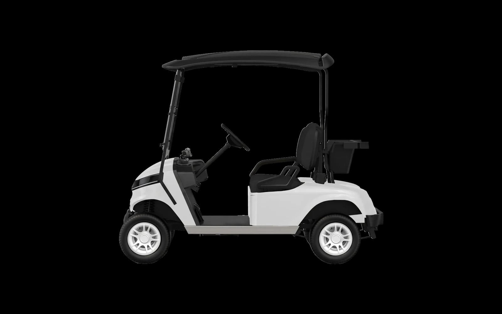 White 2 seater electric golf buggy, side view showing the turf tyres and compact footprint