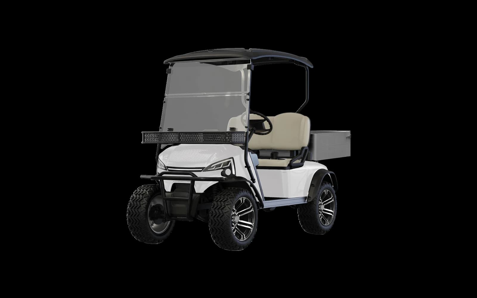 White lifted 2 seater electric buggy with a cargo bed, front three quarter view on all terrain tyres