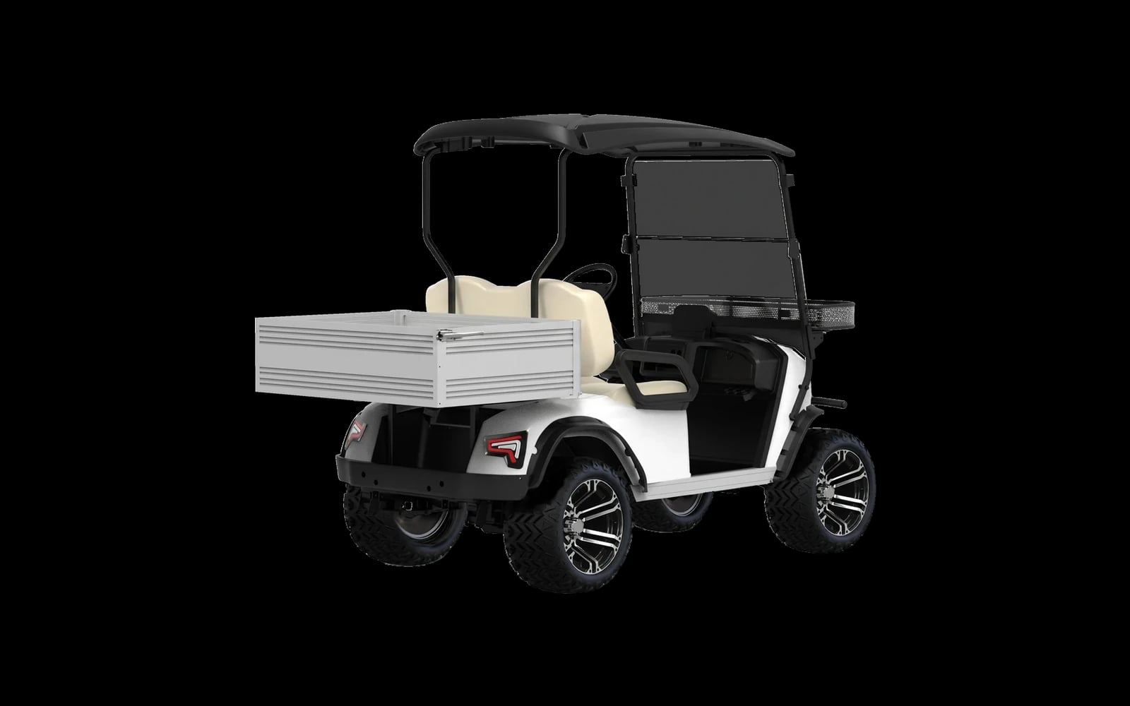 White lifted 2 seater electric buggy, rear three quarter view showing the cargo bed and raised chassis